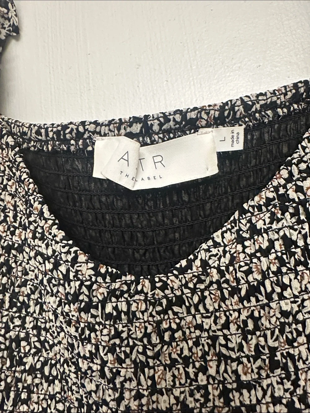 Astr Smocked Floral V-Neck Blouse - Black & Cream